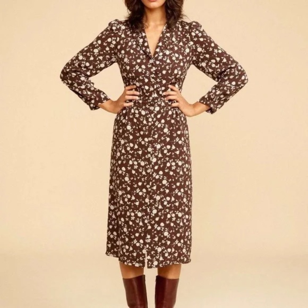 NWOT Rouje Clementine Brown White Floral Long Sleeve Button Front Midi Dress